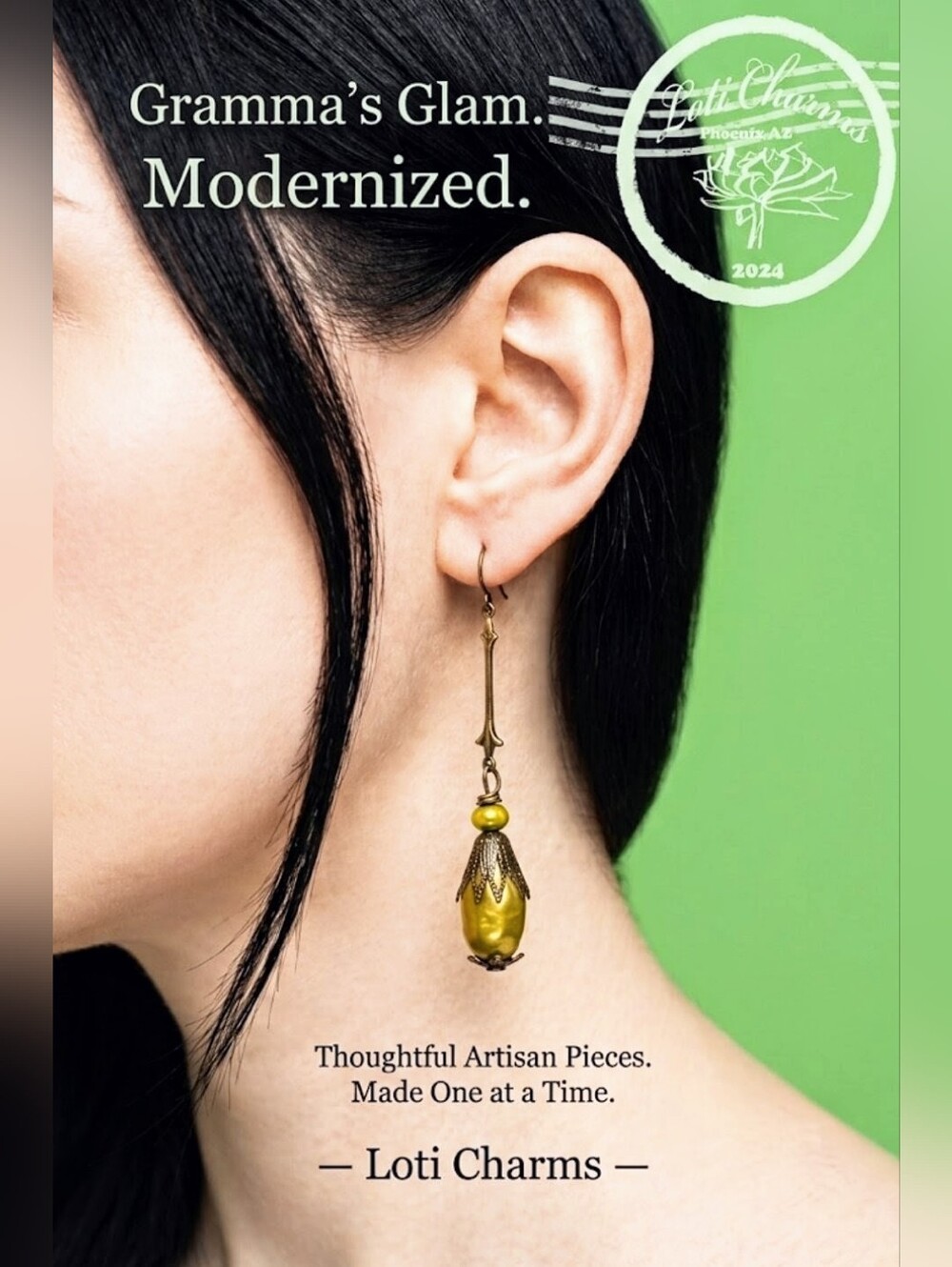 Long Victorian Metallic Green Pearl Artisan Handmade Earrings In Brass